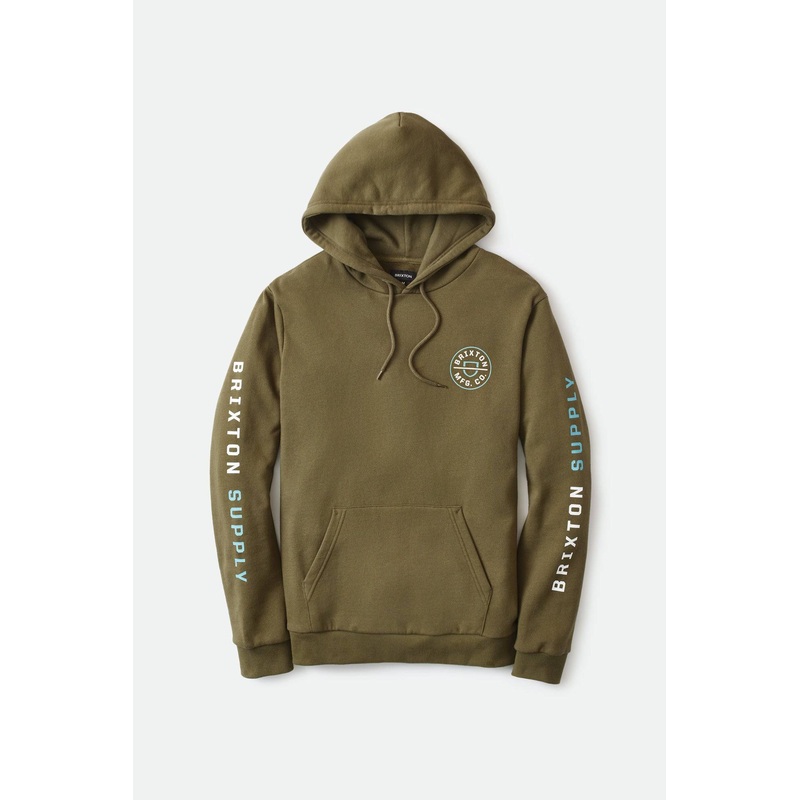 Brixton Crest Hoodie in Military Olive Teal and White