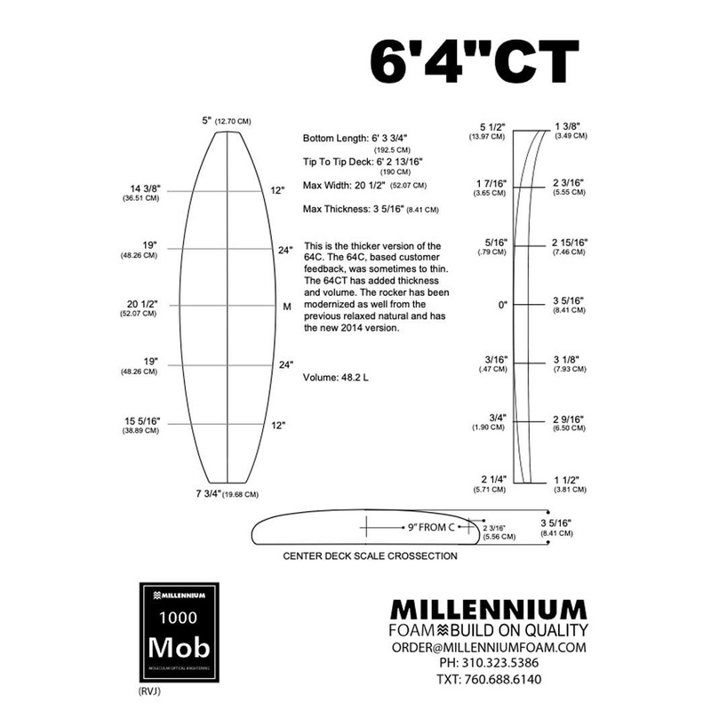 Pain de mousse MILLENNIUM 6’4 CT BLUE 1/8 BASS NATURAL ROCKER