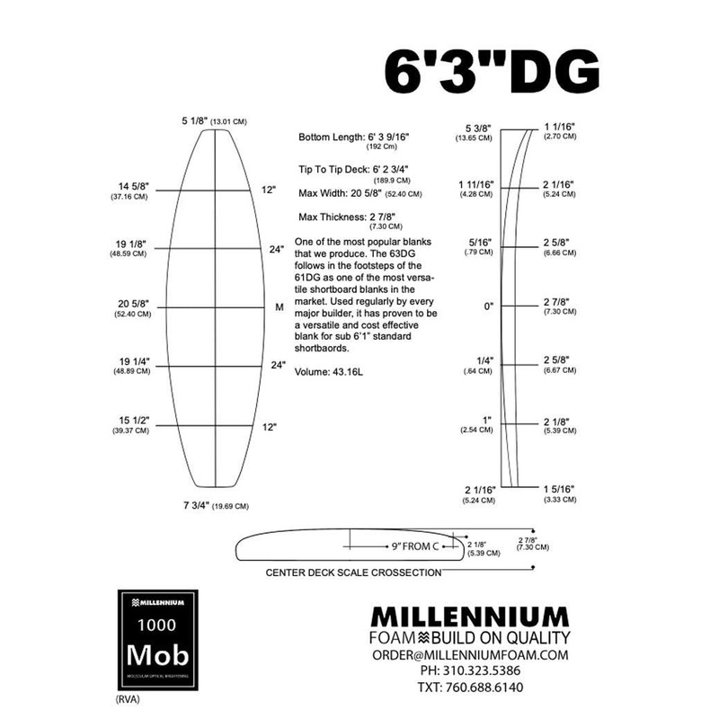 Pain de mousse MILLENNIUM 6’3 DG BLUE 1/8 BASS NATURAL ROCKER