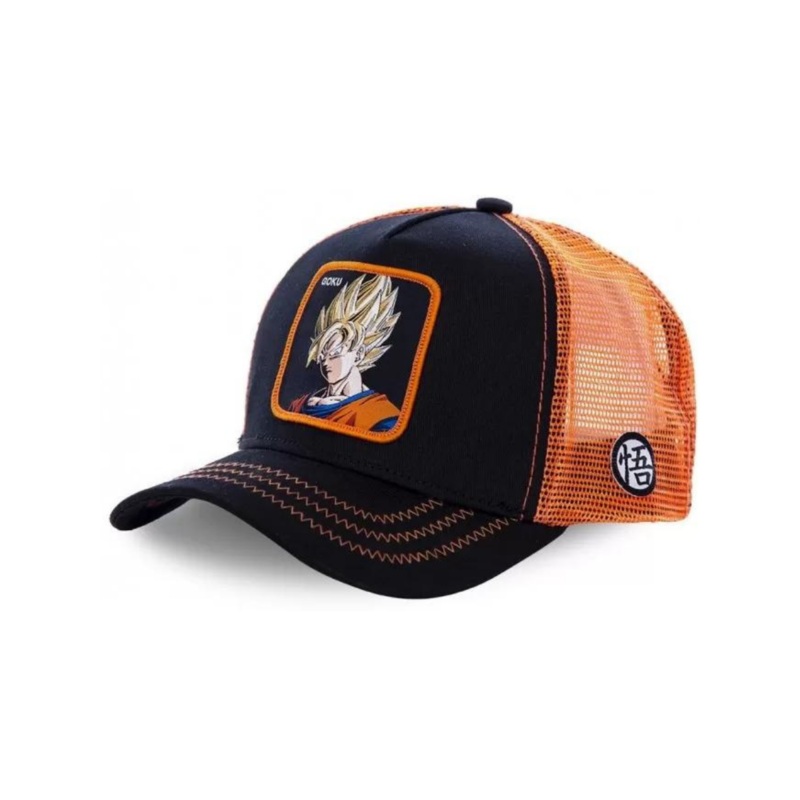 Gorra Trucker Capslab x Dragon Ball Z (Goku Saiyen) – Negro/Naranja
